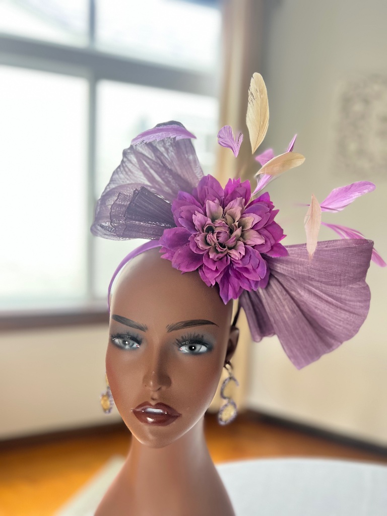 Lavender Abaca Silk Oversized Bow, Whimsy Coque Feathers With Silk Lilac Flower